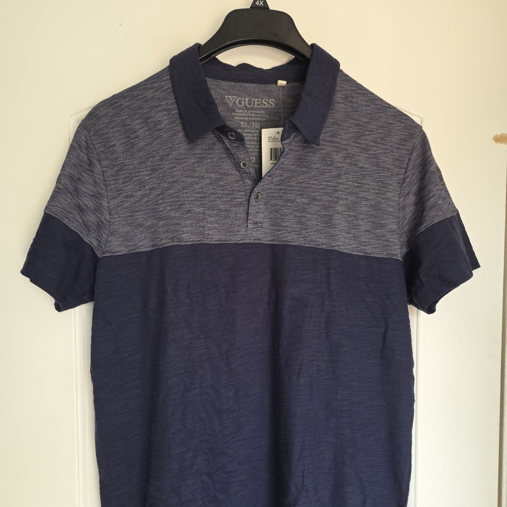 Men's Guess Gray Polo Shirt Color Block XL Blue Slub Slim Fit